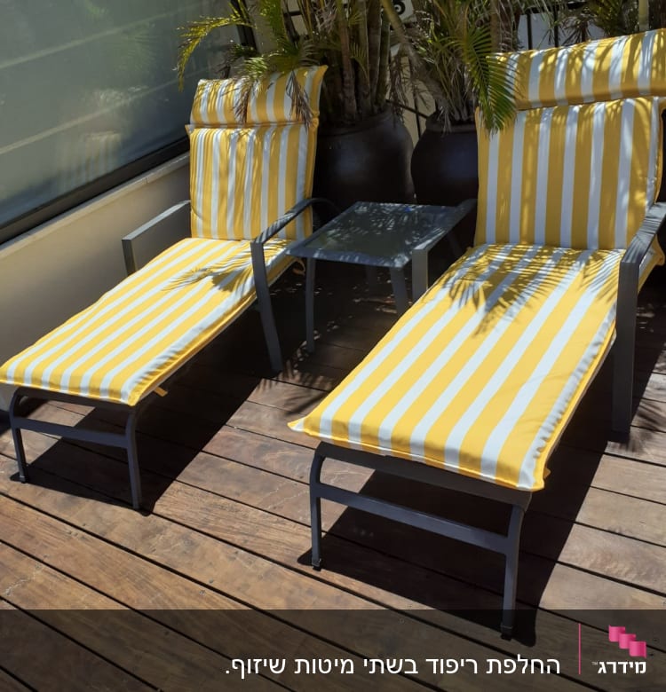 כריות פסים צהובות על כיסאות נוח במרפסת